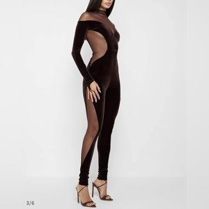 VELOUR & MESH CONTOUR JUMPSUIT - BROWN